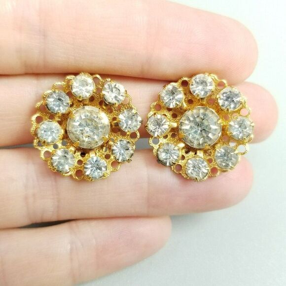 Vintage Round Rhinestone Cluster Clip On Earrings Prong Glass Stones Gold Tone - Picture 1 of 6